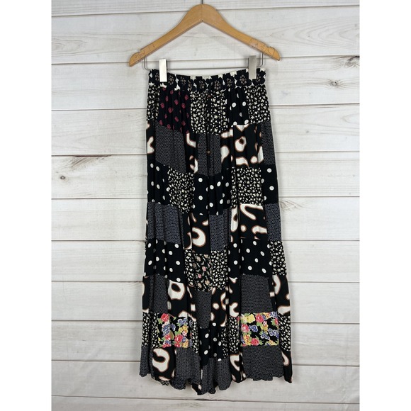Jack Pot Skirt Womens Large Black Patchwork Boho Floral Polka Dot Rayon India - Picture 1 of 7